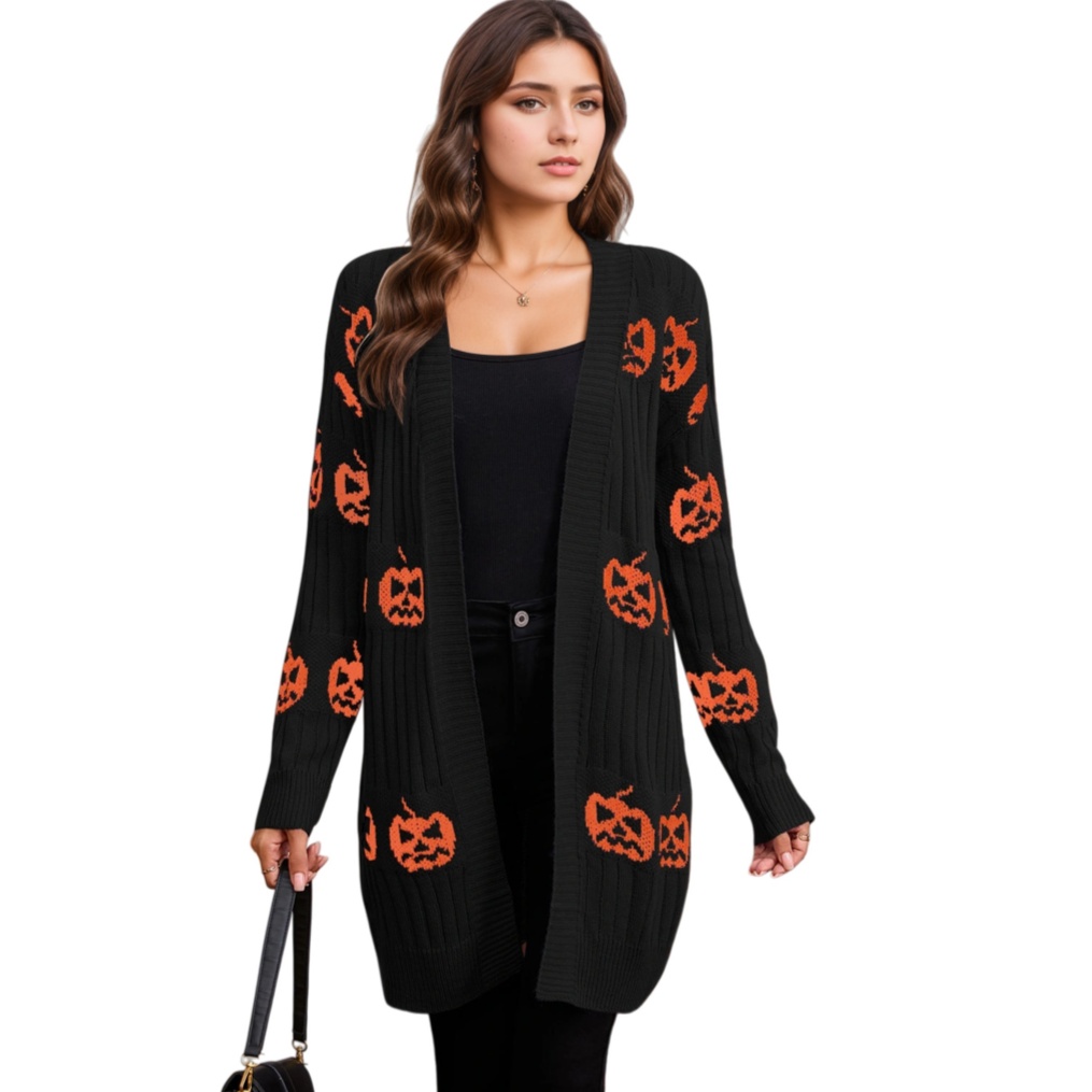 Halloween Knit Cardigan Womens Long Open Front Sweater Holiday Outerwear Coat